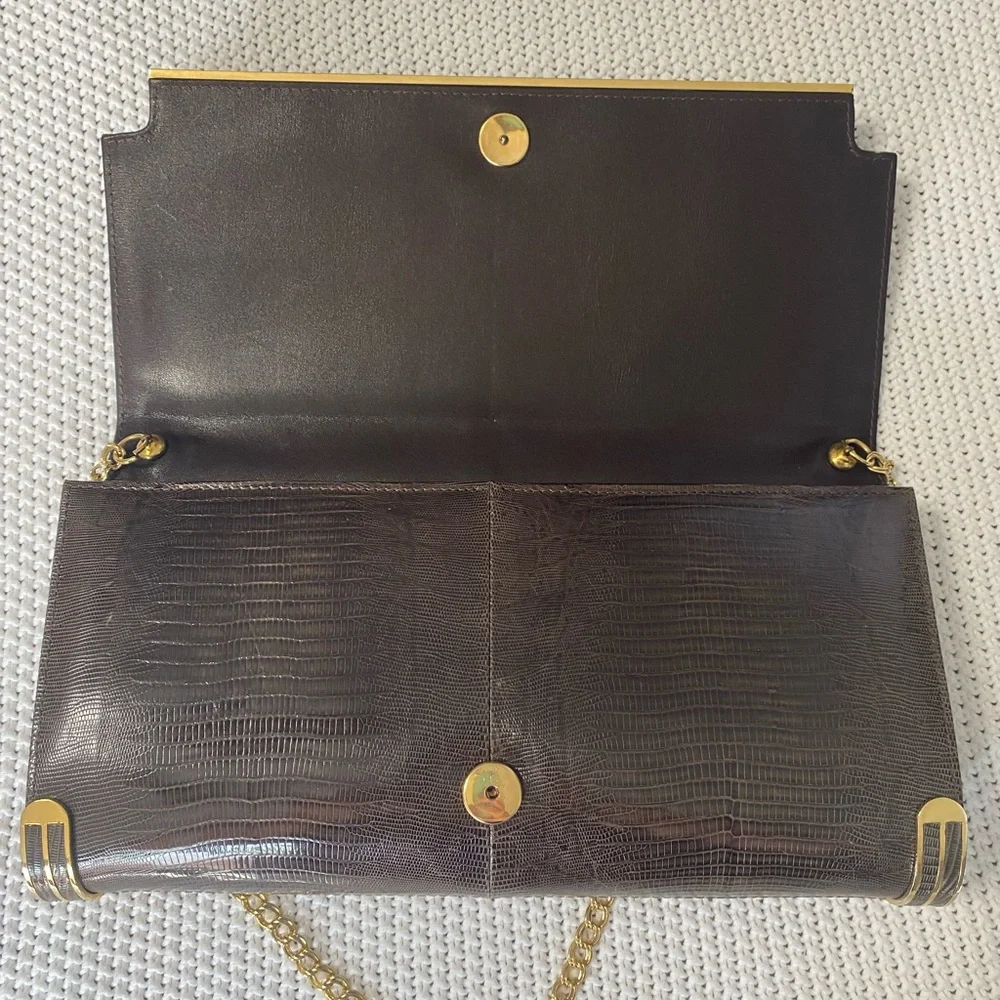 Vintage Reptile Skin Large Clutch Crossbody Gold Metal Chain
